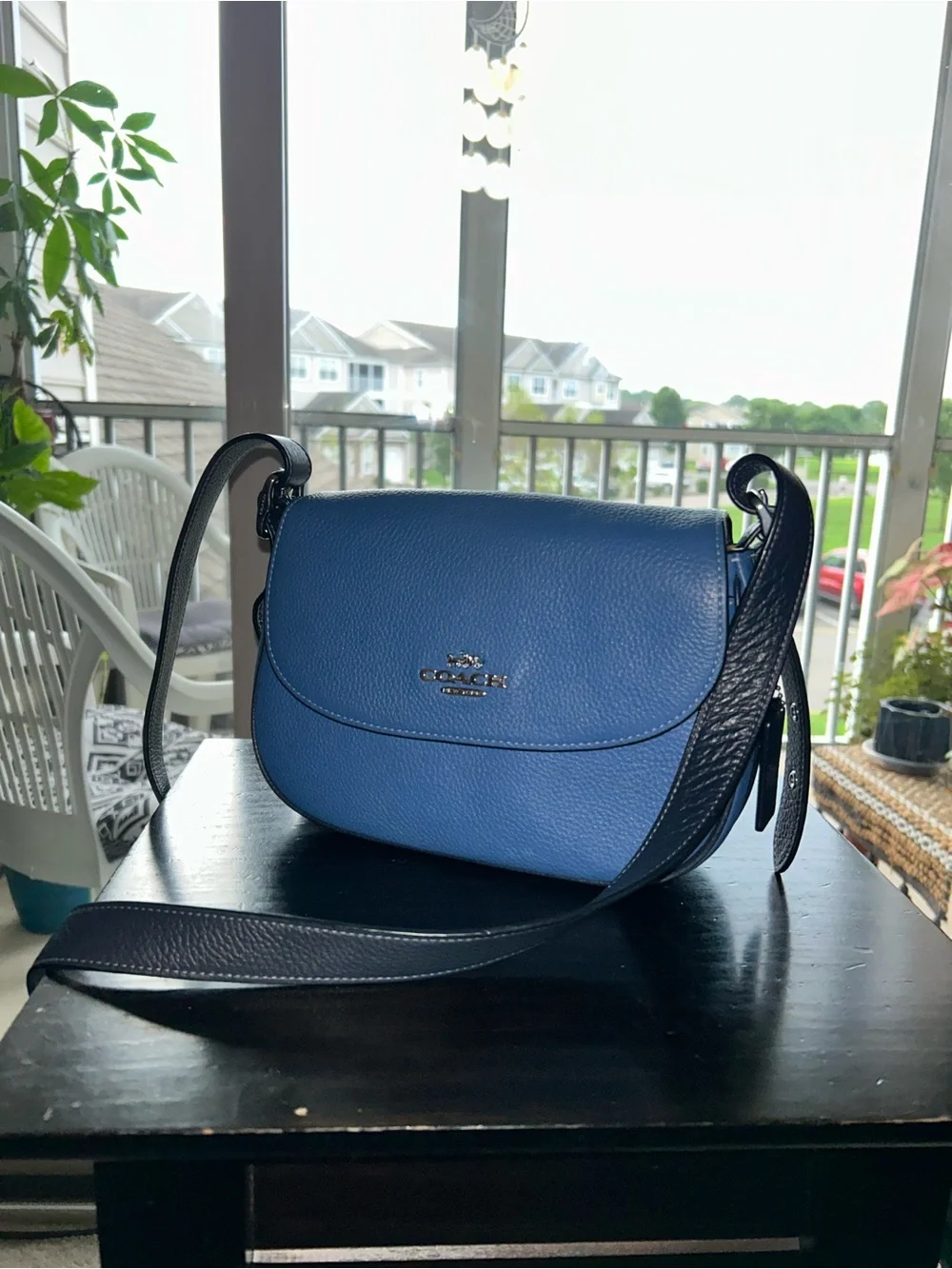 Coach Blue Pebbled Leather Saddle Crossbody with Black Strap